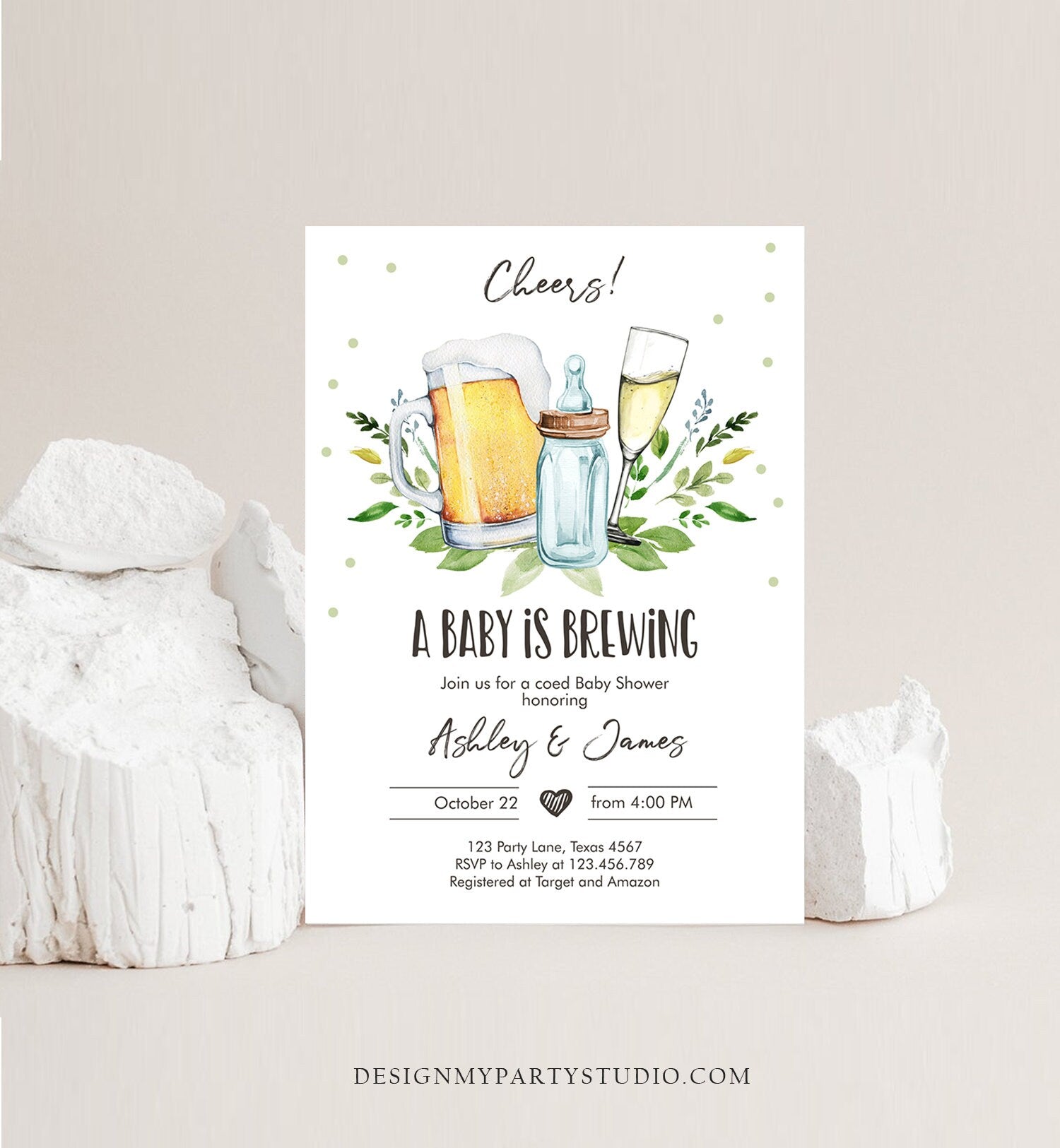 Editable A Baby is Brewing Invitation Bottle and Beers Baby Shower Cheers Coed Couples Shower Download Printable Template Digital Evite 0190