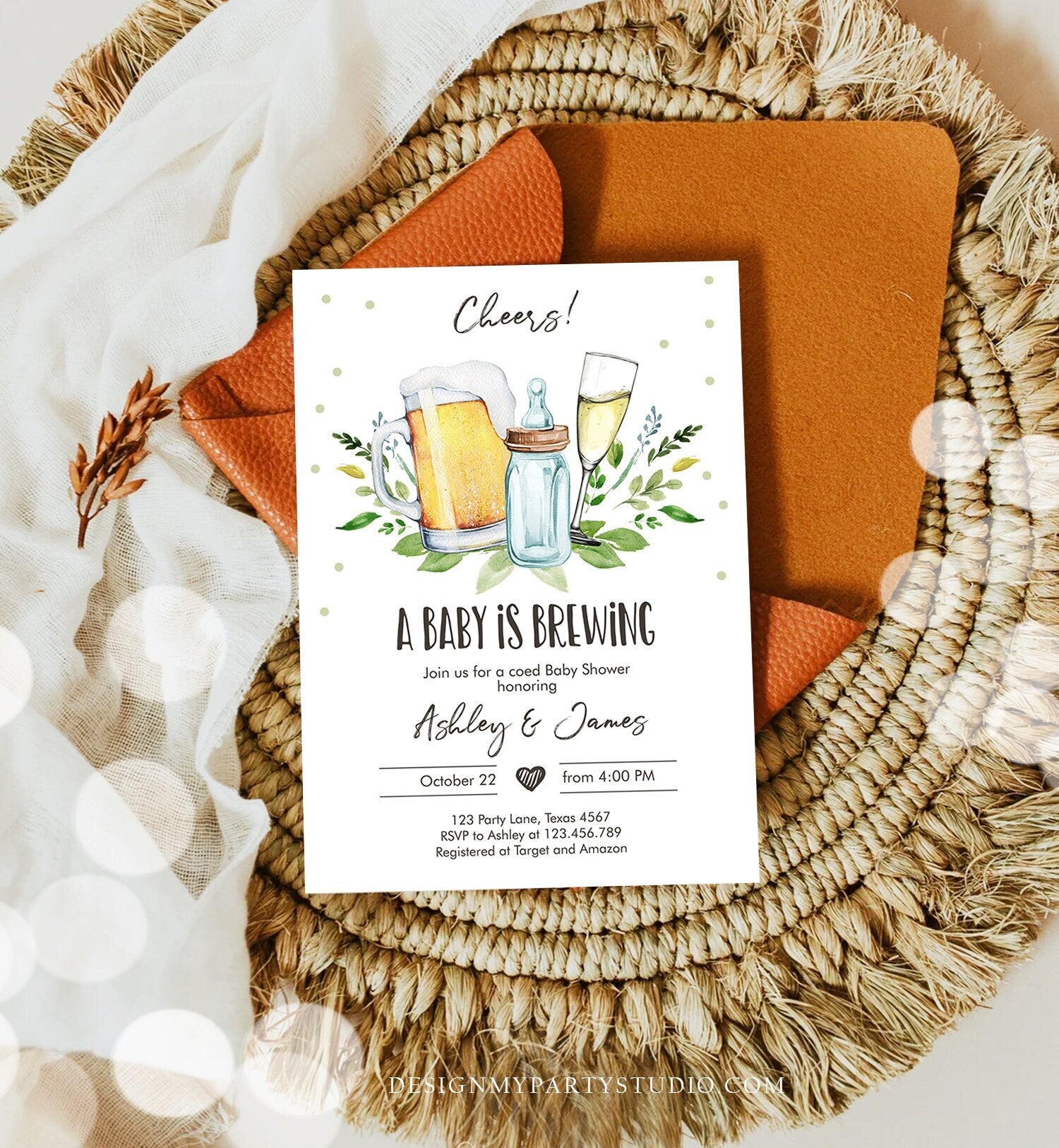 Editable A Baby is Brewing Invitation Bottle and Beers Baby Shower Cheers Coed Couples Shower Download Printable Template Digital Evite 0190