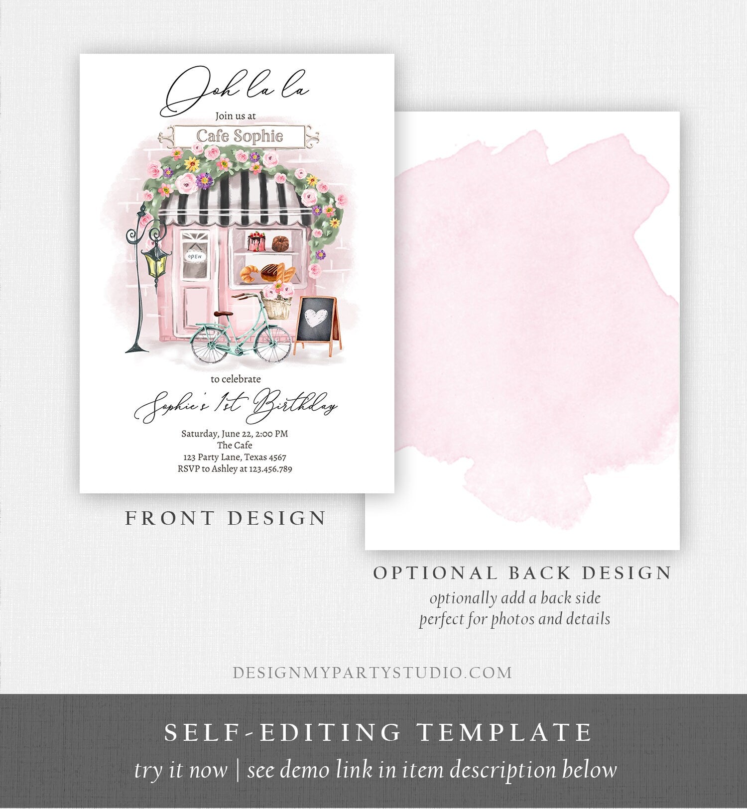 Editable Paris Birthday Invitation Girl Tea Party Invite Pink Floral French Parisian Cafe Patisserie Printable Template Corjl Digital 0441