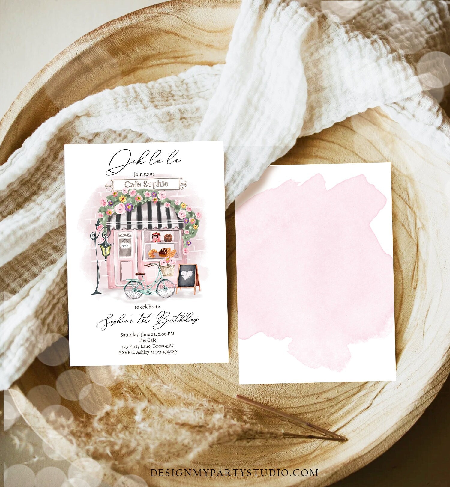 Editable Paris Birthday Invitation Girl Tea Party Invite Pink Floral French Parisian Cafe Patisserie Printable Template Corjl Digital 0441