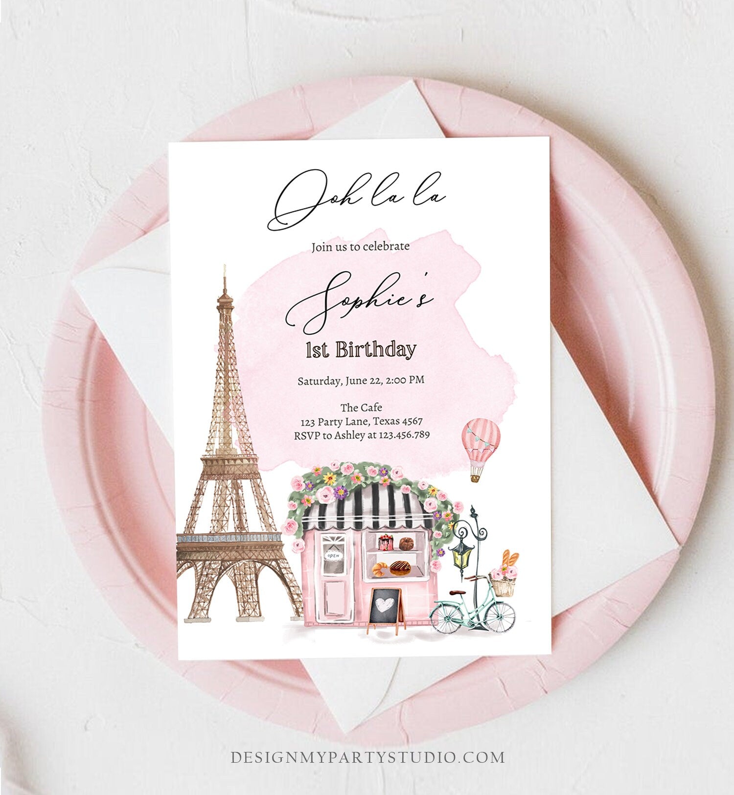 Editable Paris Birthday Invitation French Patisserie Parisian Cafe French Birthday Floral Tea Party Printable Template Corjl Digital 0441