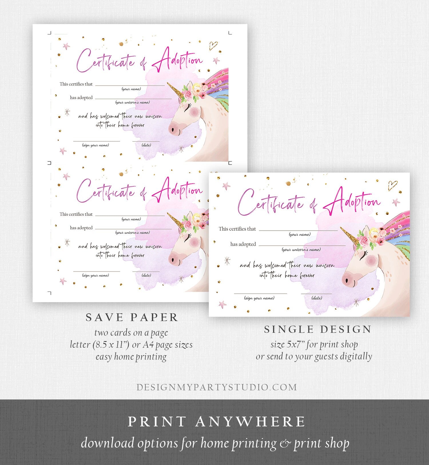 Adopt a Unicorn Certificate Unicorn Adoption Unicorn Birthday Party Magical Birthday Rainbow Girl Instant Download Digital Printable 0411