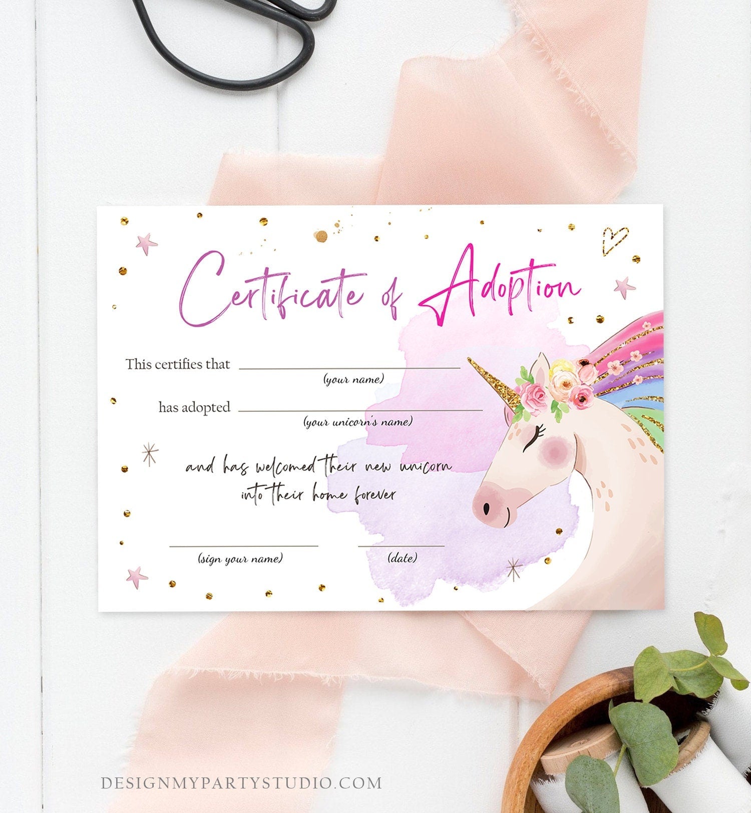 Adopt a Unicorn Certificate Unicorn Adoption Unicorn Birthday Party Magical Birthday Rainbow Girl Instant Download Digital Printable 0411