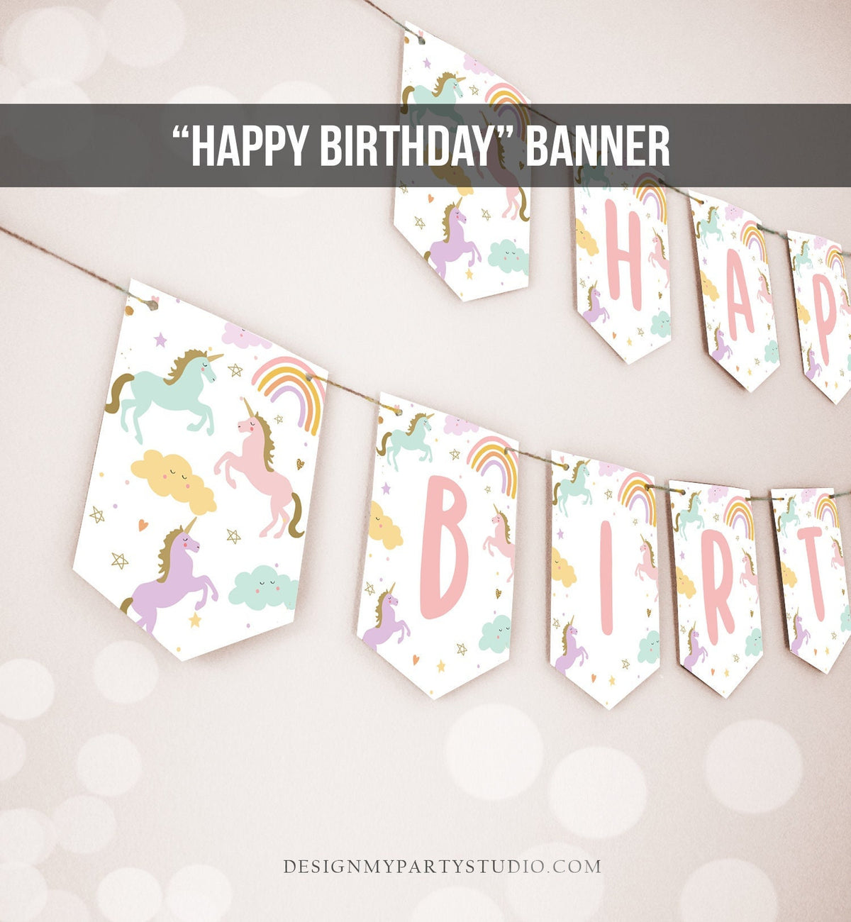 Happy Birthday Banner Unicorn Birthday Banner Magical Birthday Decorations Girl Pink Pastel Rainbow Download PRINTABLE DIGITAL DIY 0426