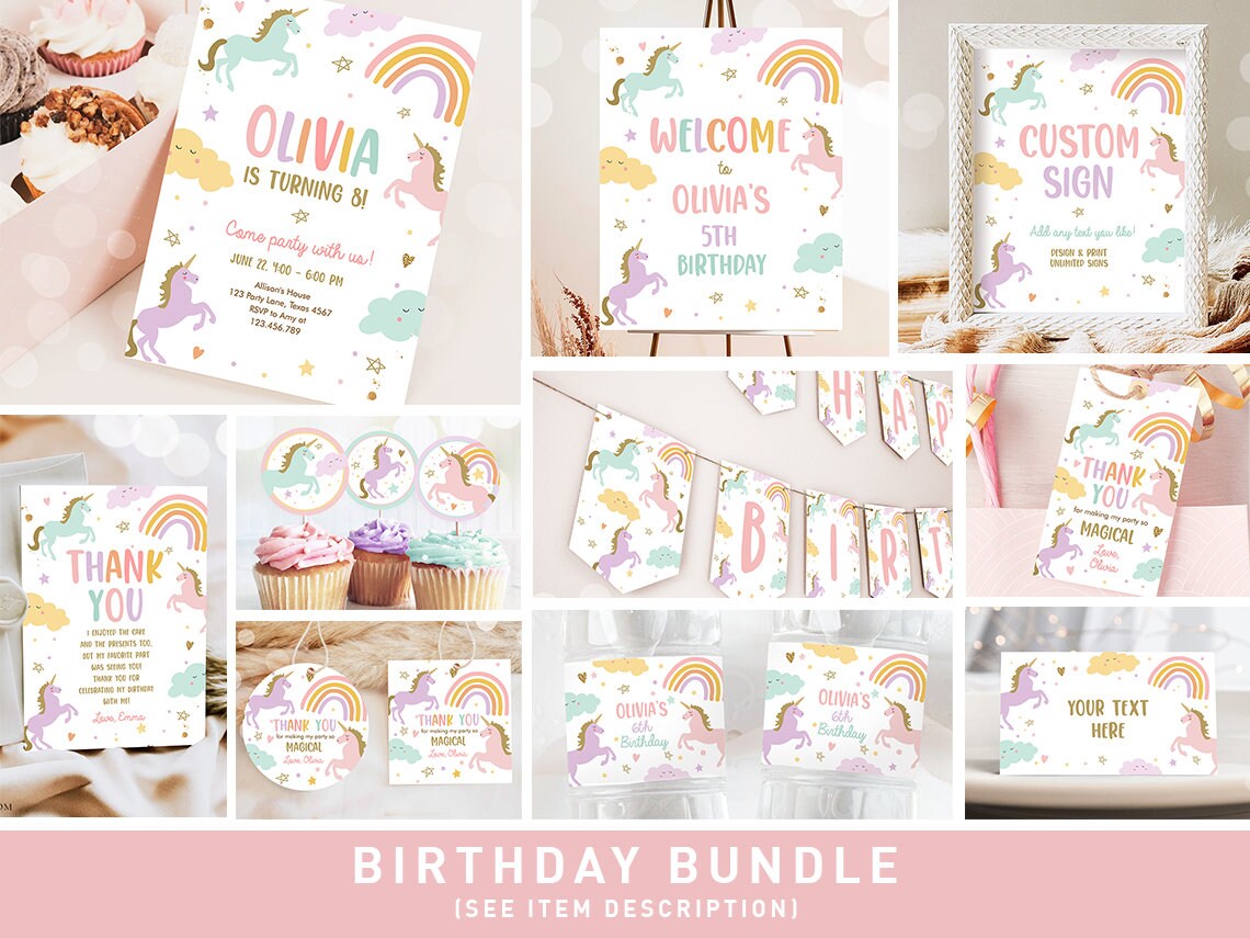 Unicorn Birthday Invitation Bundle Magical Party Rainbow Birthday Pink Girl Package 1st Pastel Party Pack Printable Corjl Template 0426