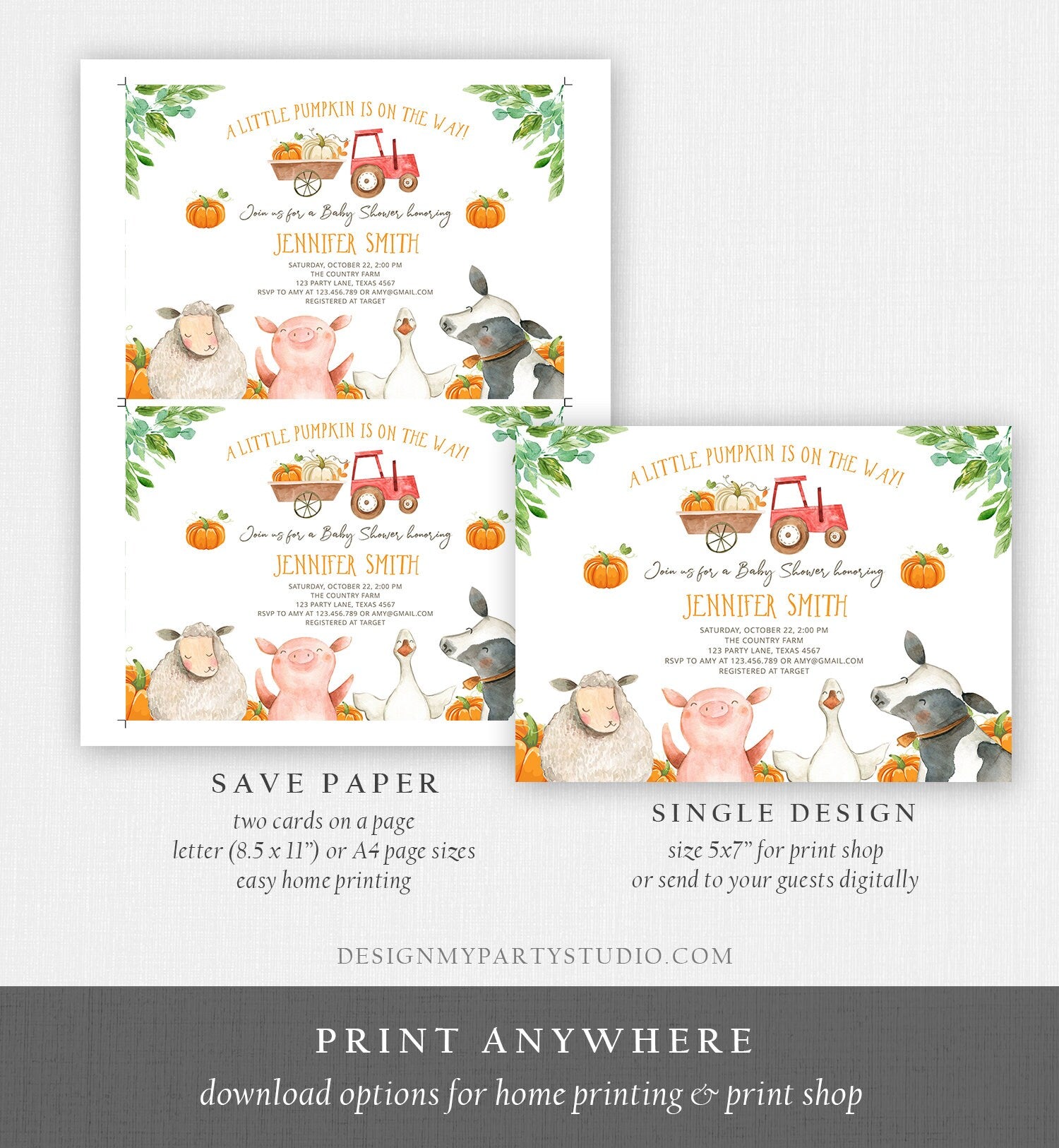 Editable Farm Baby Shower Invitation Pumpkin Gender Neutral Red Truck Farm Animals Barnyard Fall Digital Download Template Printable 0155