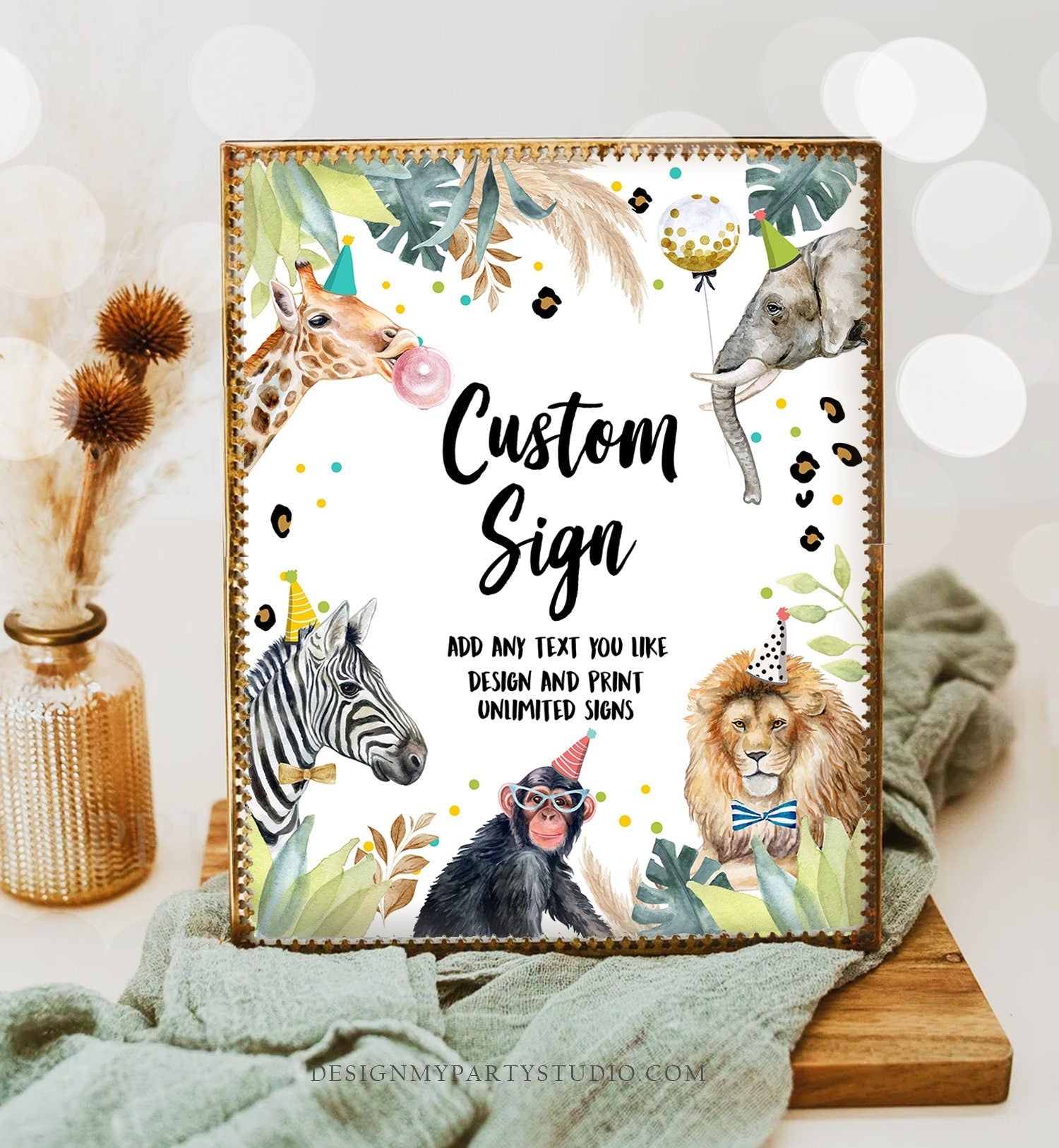 Editable Custom Sign Party Animals Sign Wild One Animals Decor Zoo Safari Animals Girl Table Decoration 8x10 Instant Download PRINTABLE 0417