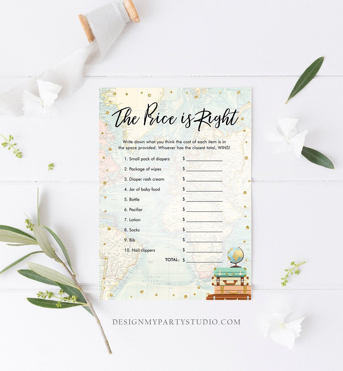 Editable The Price is Right Game Travel Baby Shower Adventure Shower Game Baby Coed Suitcases Map Download Corjl Template Printable 0263