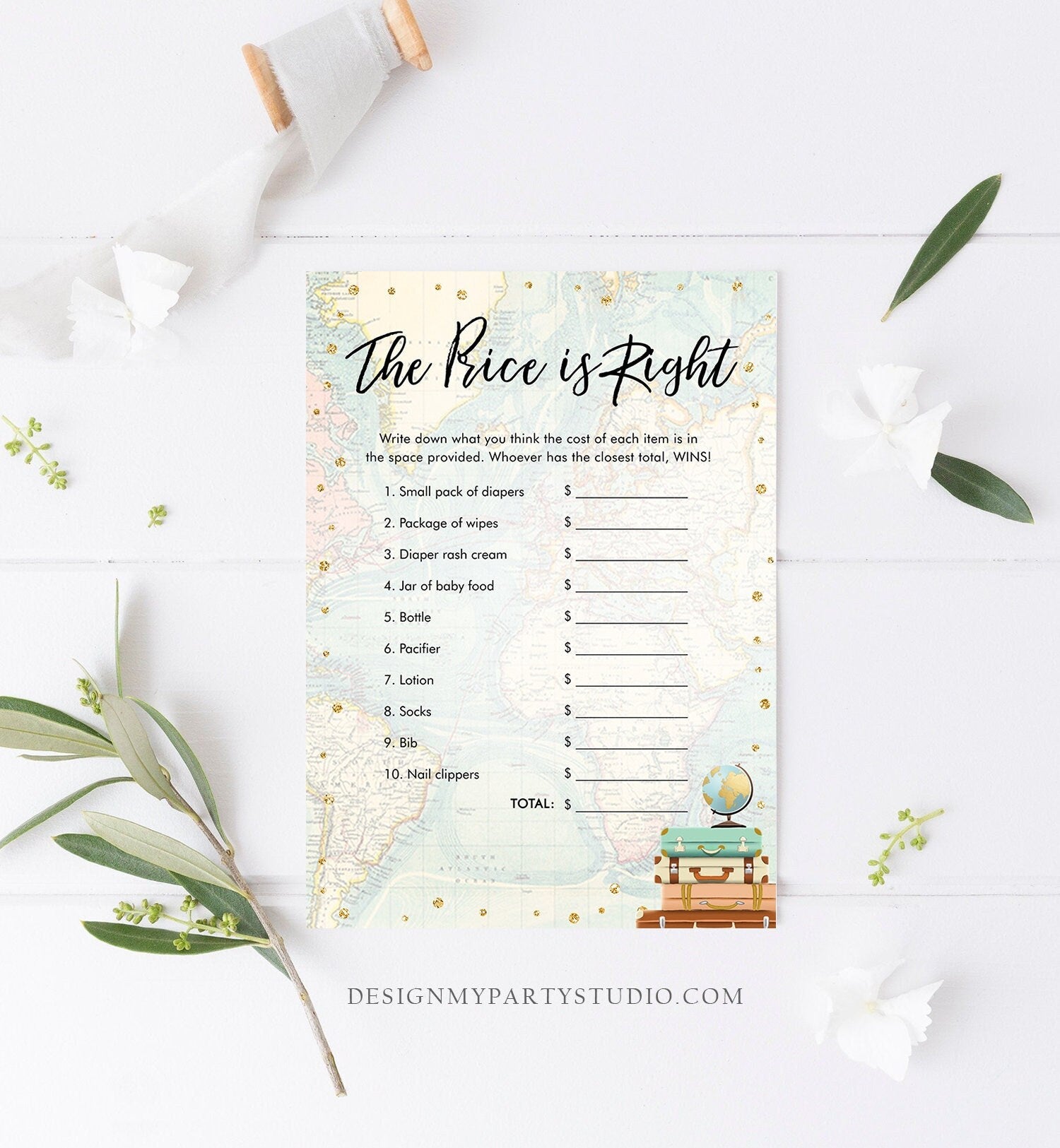 Editable The Price is Right Game Travel Baby Shower Adventure Shower Game Baby Coed Suitcases Map Download Corjl Template Printable 0263