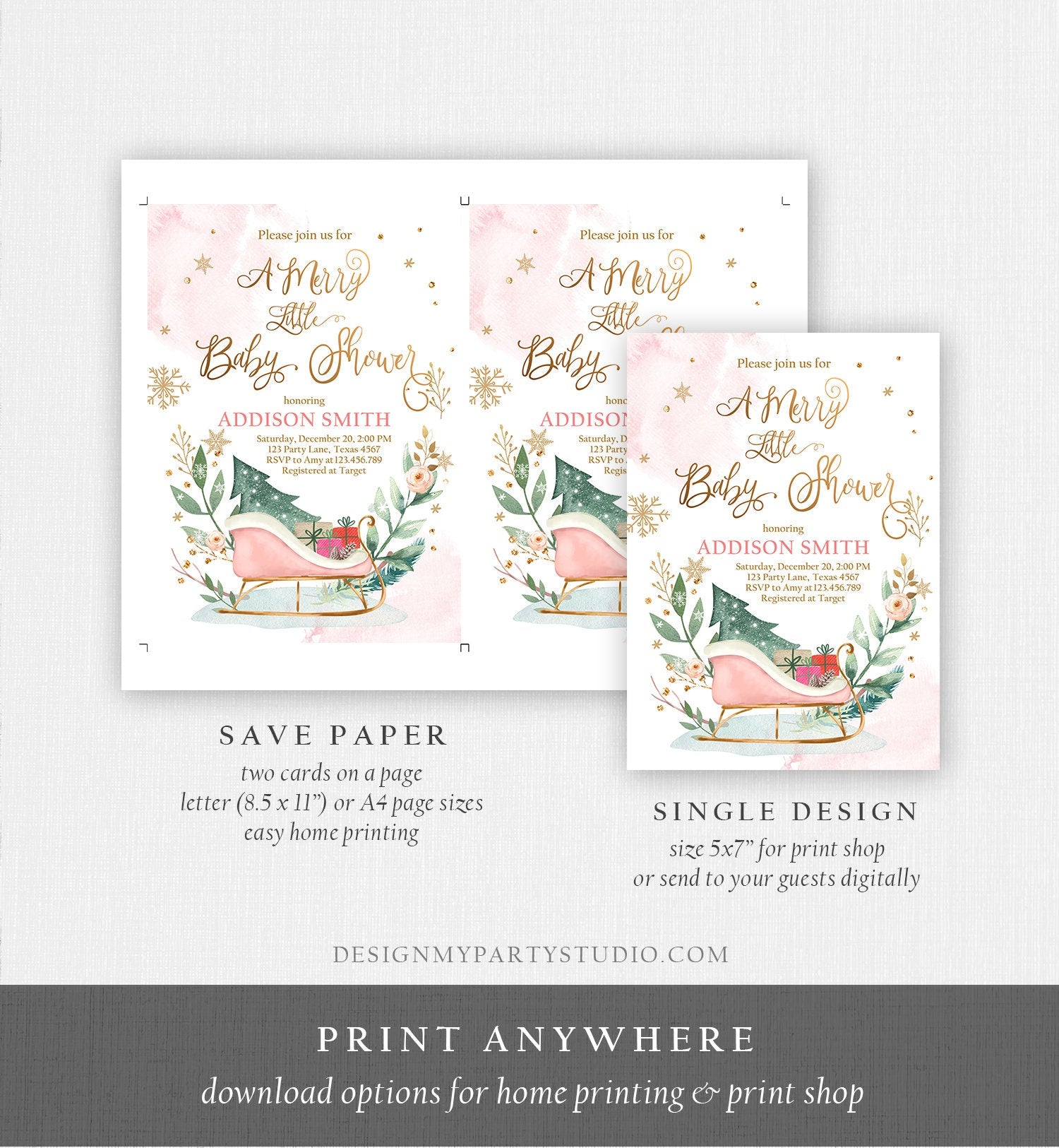 Editable Winter Baby Shower Invitation Pink Girl Christmas Merry Little Baby Shower Sleigh Watercolor Template Instant Download Corjl 0353