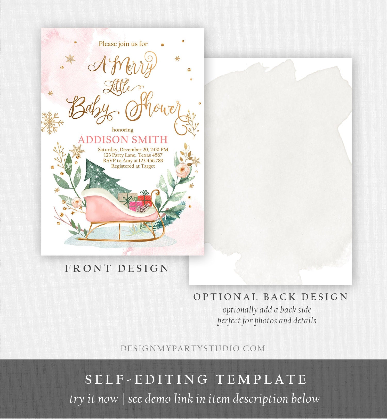 Editable Winter Baby Shower Invitation Pink Girl Christmas Merry Little Baby Shower Sleigh Watercolor Template Instant Download Corjl 0353