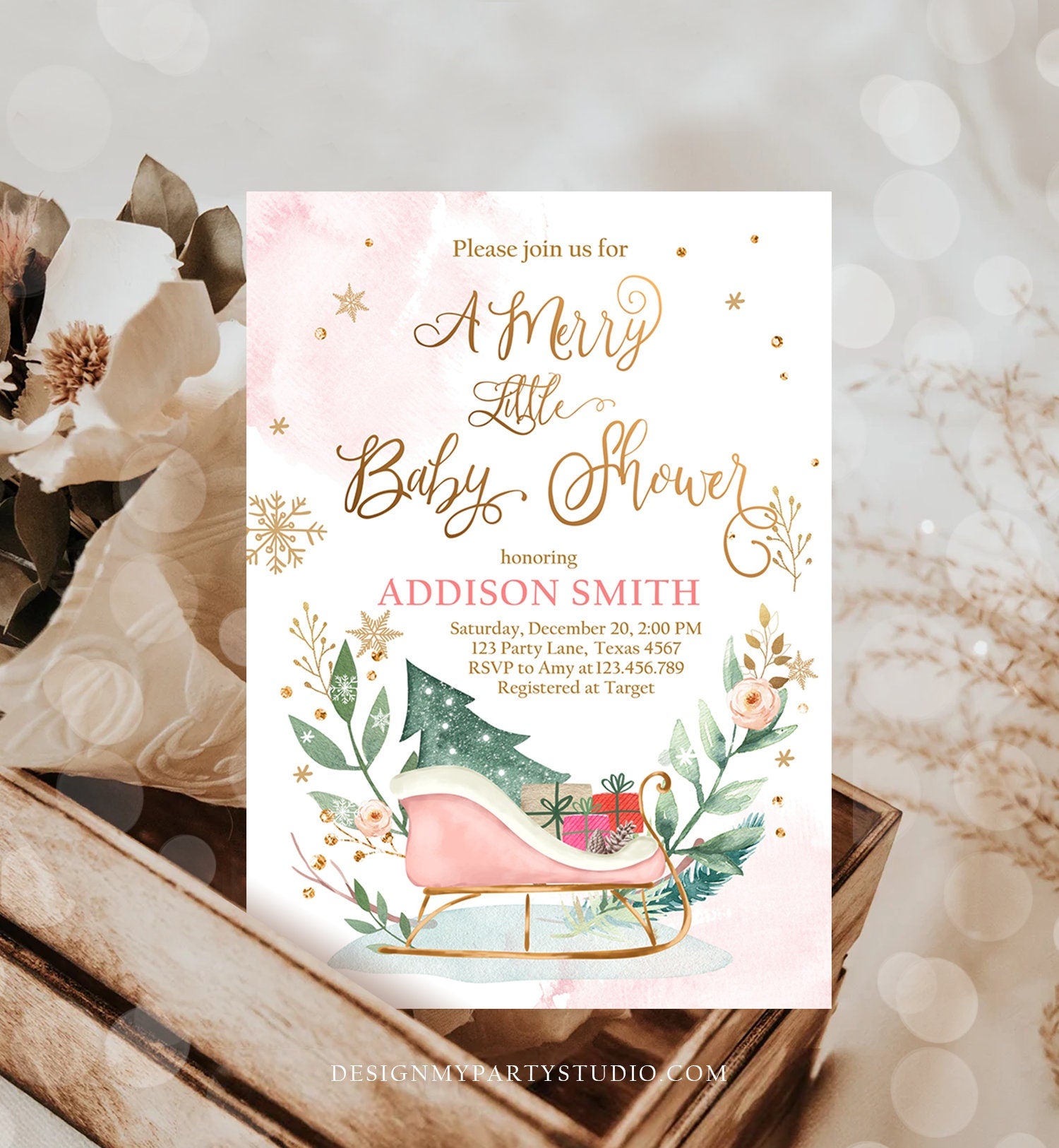 Editable Winter Baby Shower Invitation Pink Girl Christmas Merry Little Baby Shower Sleigh Watercolor Template Instant Download Corjl 0353