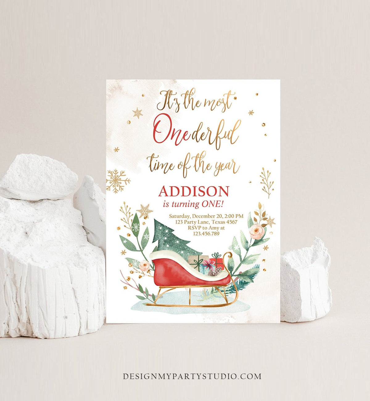 Editable Most Onederful Time of The Year 1st Birthday Invitation Winter Christmas Party Red Sleigh Tree Boy Girl Printable Template DIY 0353