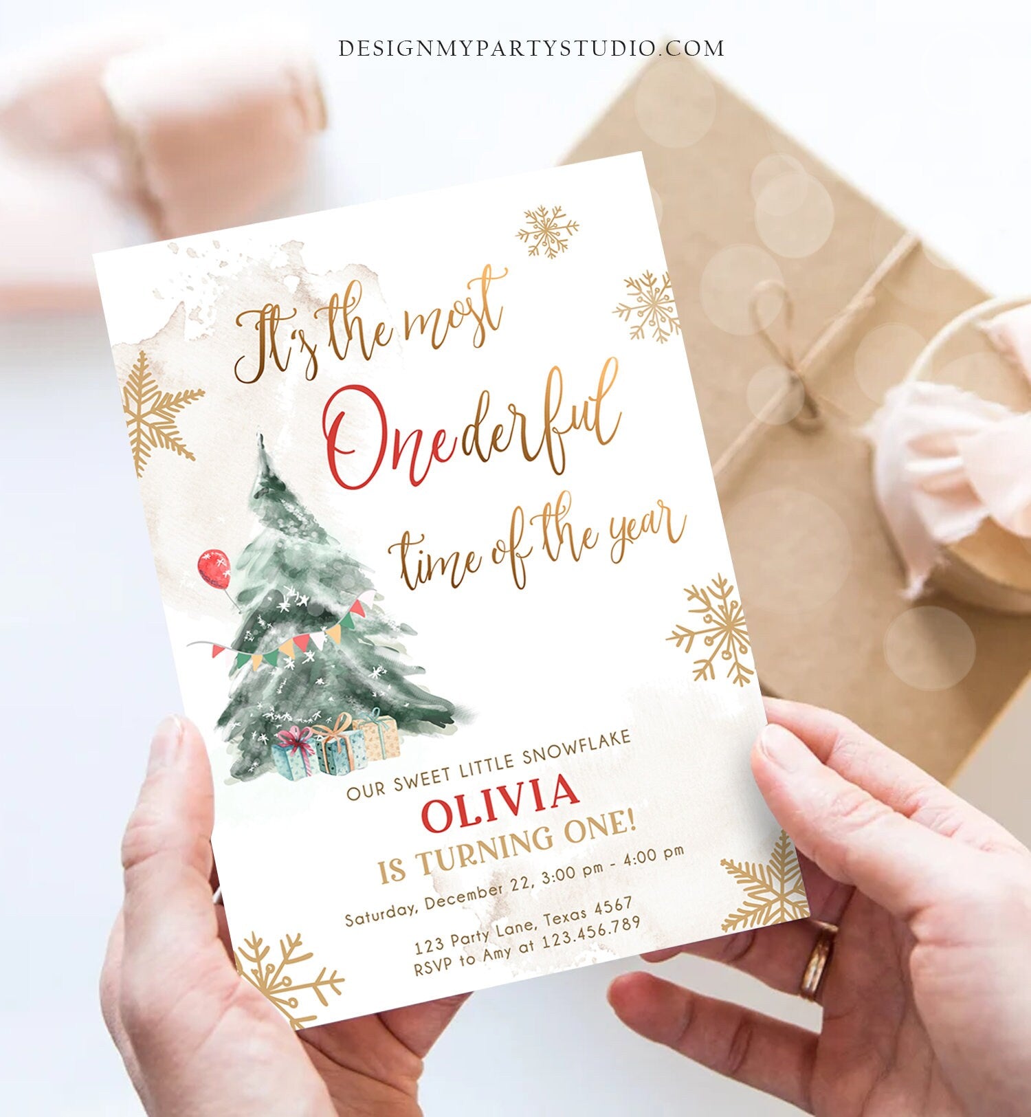 Editable Winter ONEderland Birthday Invitation First Birthday 1st Most Onederful Time Red Gold Tree Christmas Snowflake Corjl Template 0363