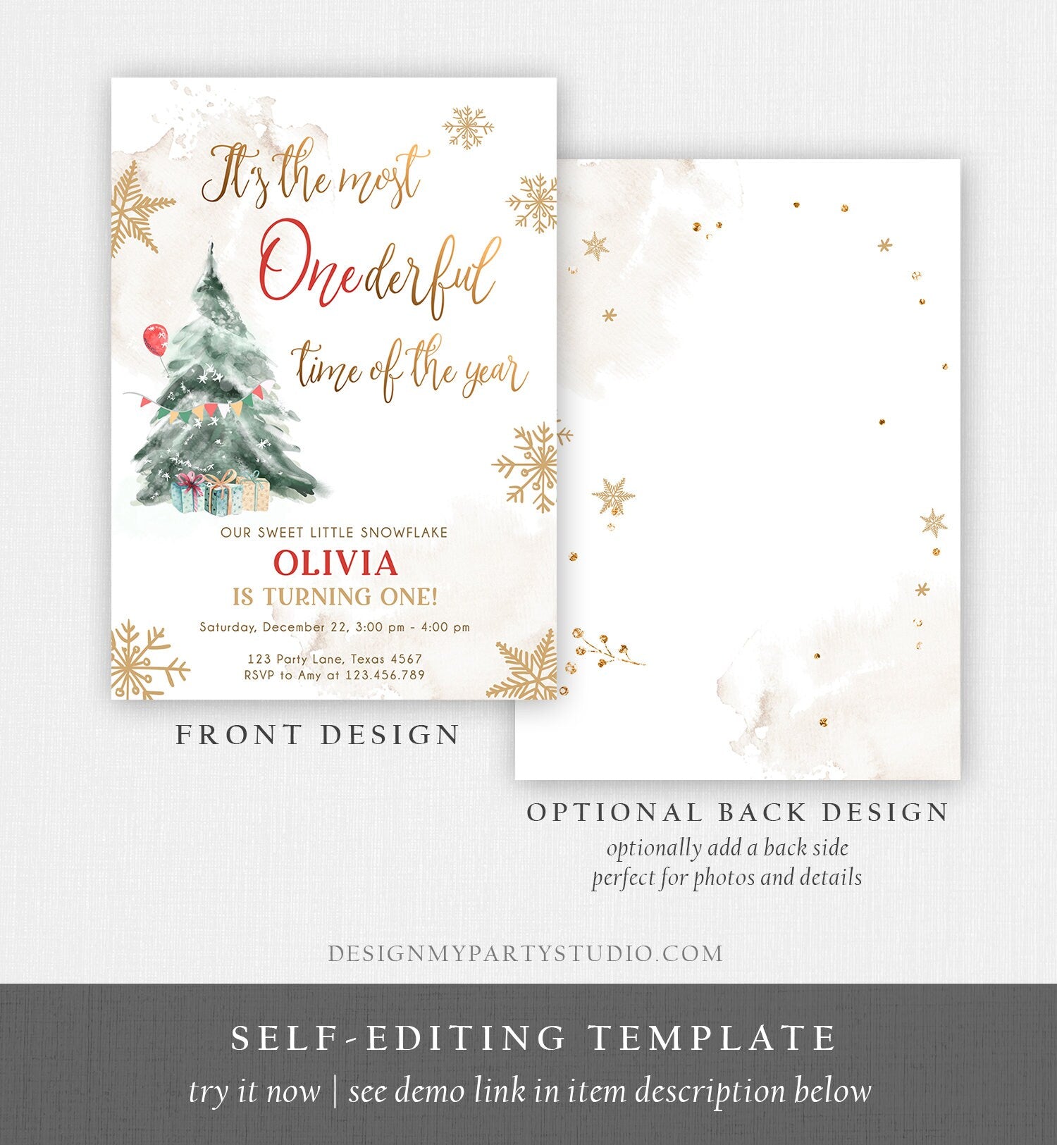 Editable Winter ONEderland Birthday Invitation First Birthday 1st Most Onederful Time Red Gold Tree Christmas Snowflake Corjl Template 0363