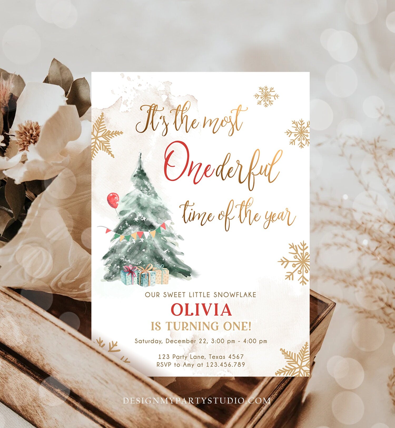 Editable Winter ONEderland Birthday Invitation First Birthday 1st Most Onederful Time Red Gold Tree Christmas Snowflake Corjl Template 0363