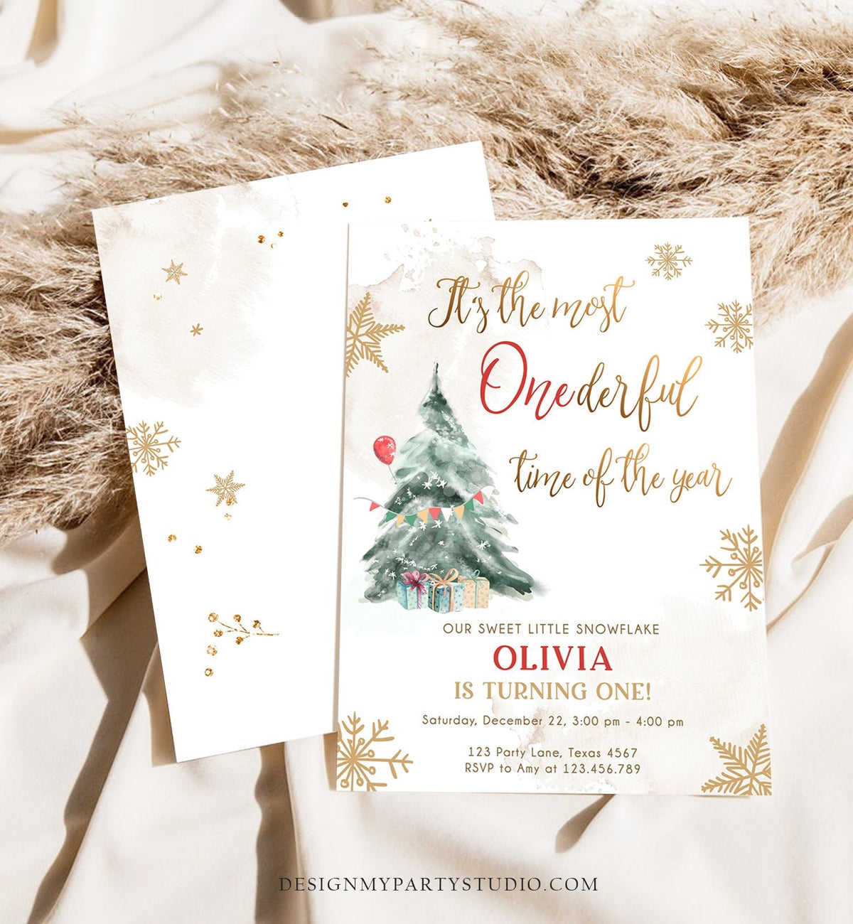 Editable Winter ONEderland Birthday Invitation First Birthday 1st Most Onederful Time Red Gold Tree Christmas Snowflake Corjl Template 0363