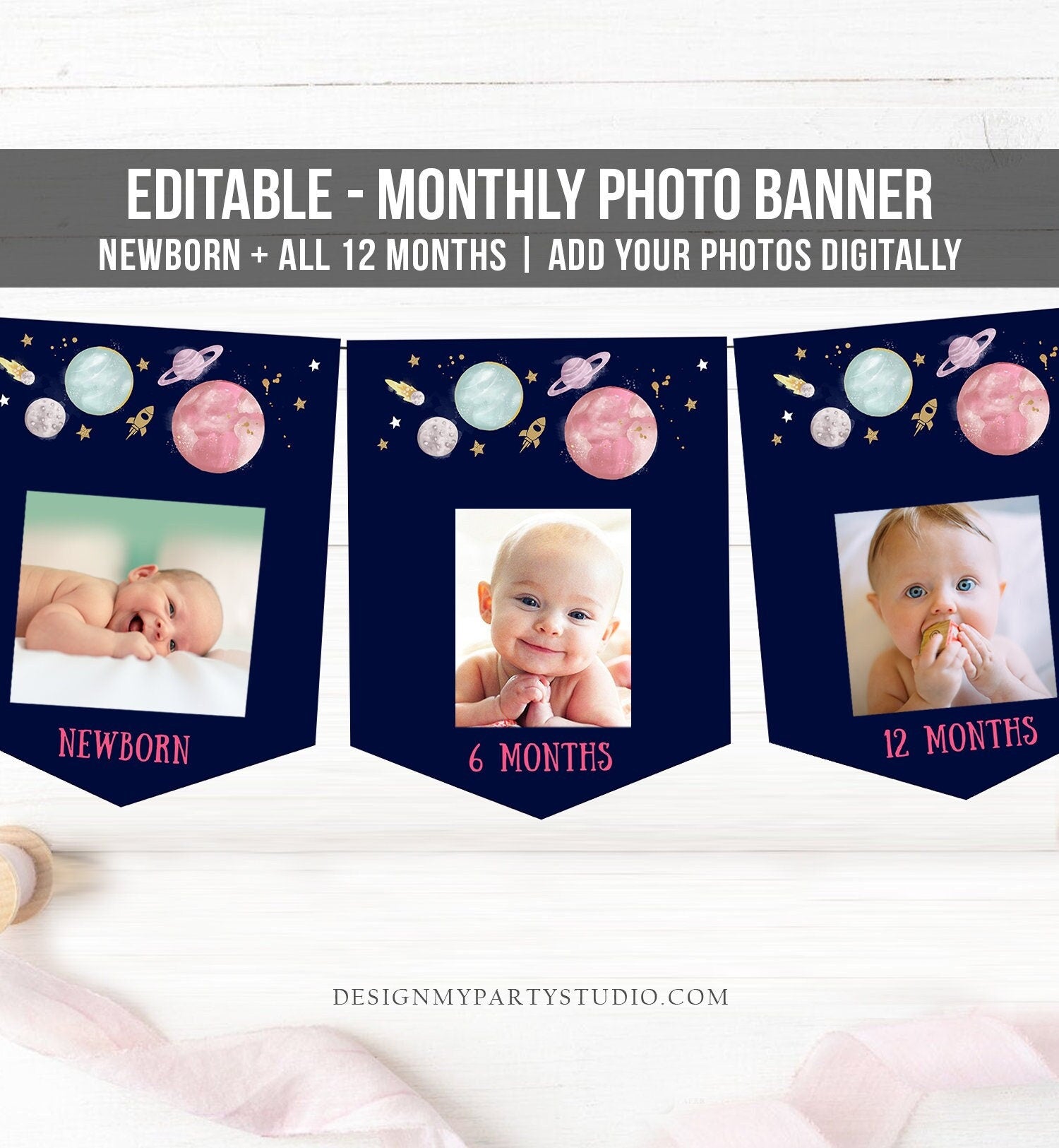 Editable Outer Space Monthly Photo Banner Girl Birthday Banner Planets First Trip Around the Sun Galaxy Download Template Printable 0357