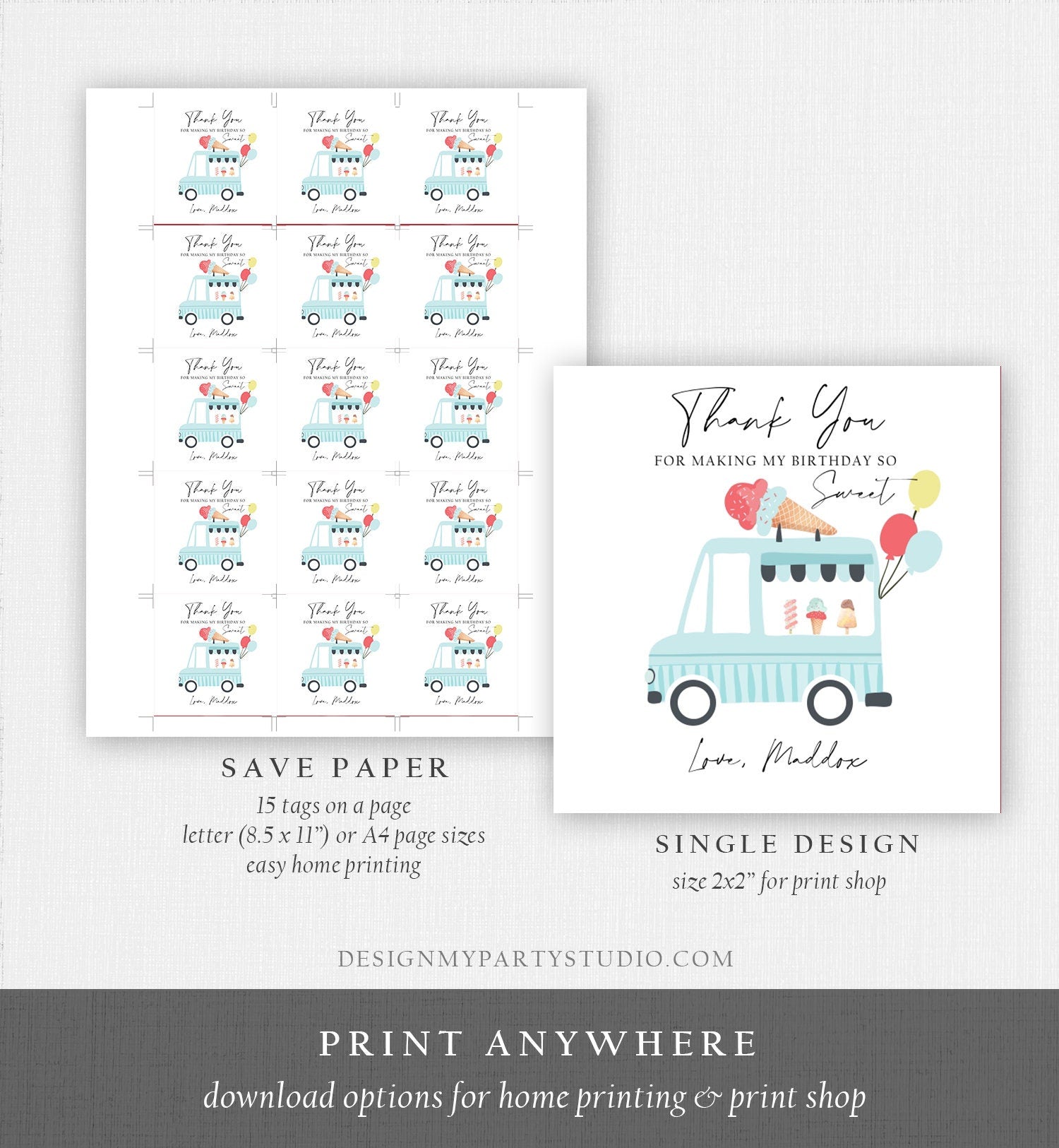 Editable Ice Cream Truck Favor Thank You Tags Ice Cream Birthday Party Modern Boy Blue Truck Gift Bag Labels Digital Template Printable 0415