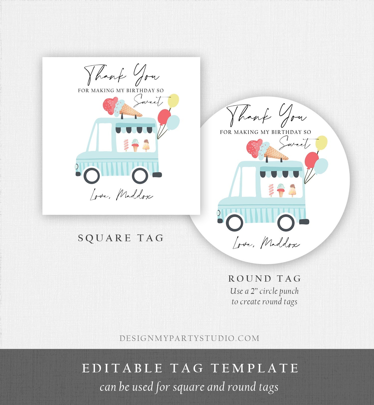 Editable Ice Cream Truck Favor Thank You Tags Ice Cream Birthday Party Modern Boy Blue Truck Gift Bag Labels Digital Template Printable 0415