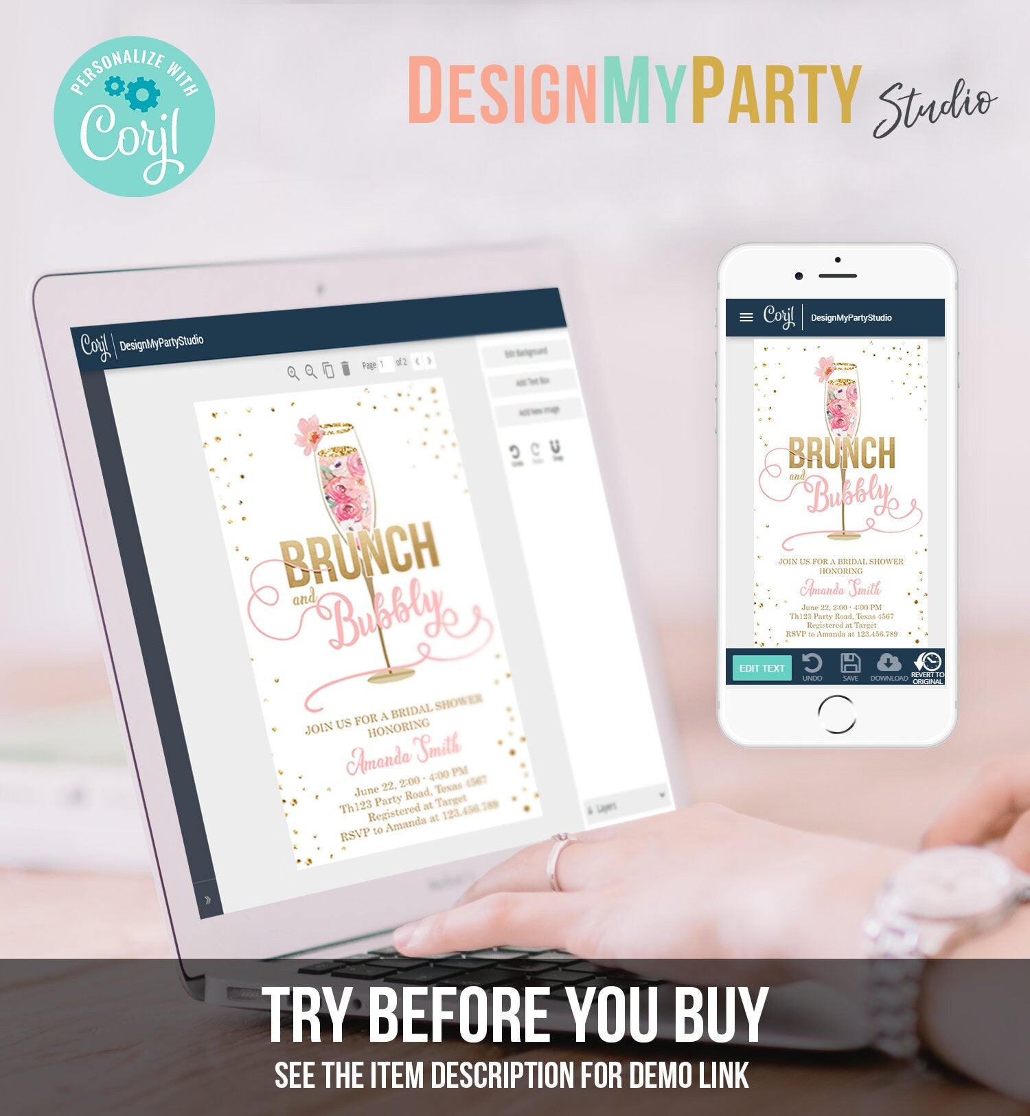 Editable Brunch and Bubbly Bridal Shower Evite Floral Champagne Gold Pink Wedding Download Phone Digital Electronic Template Corjl 0150