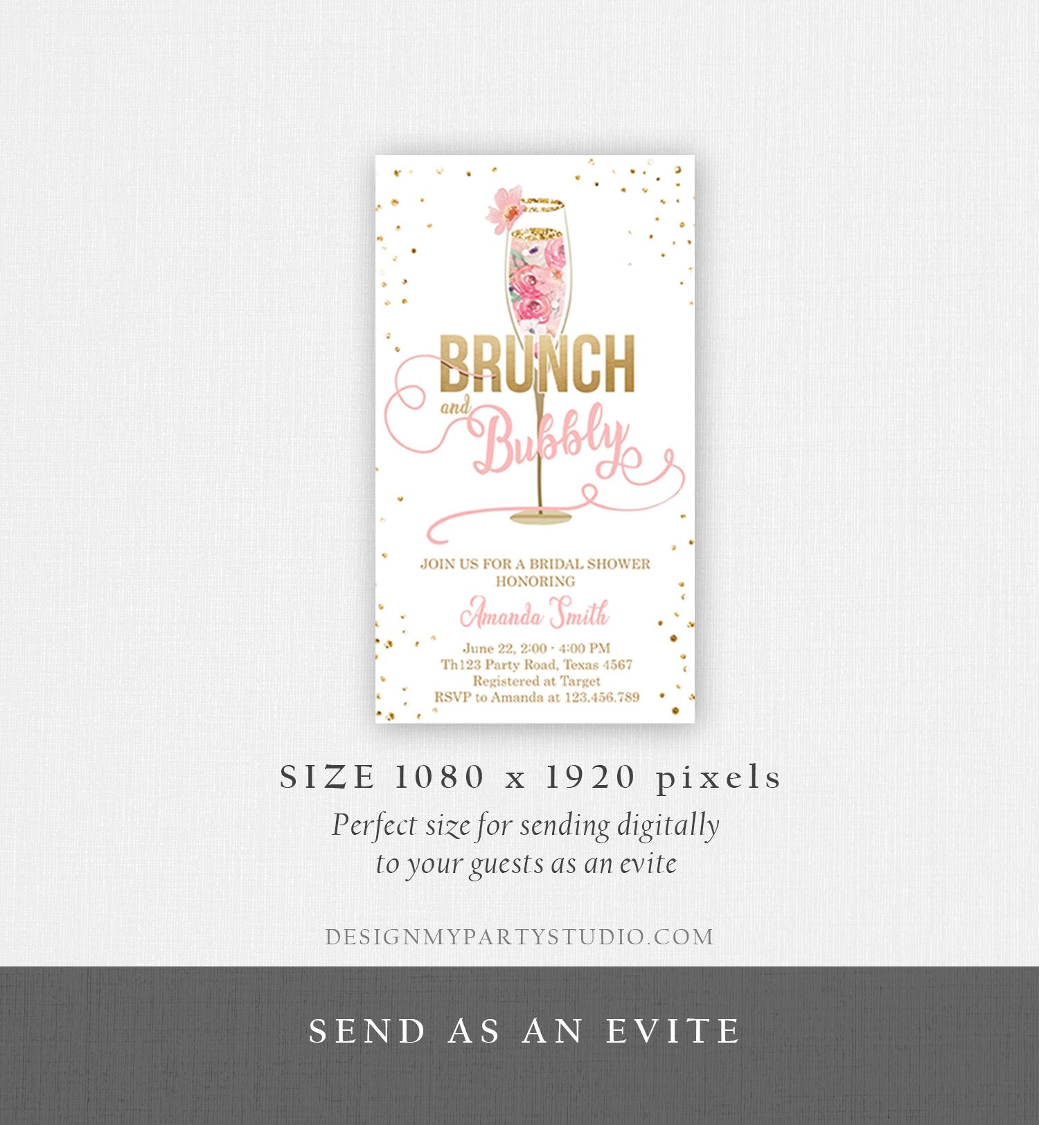 Editable Brunch and Bubbly Bridal Shower Evite Floral Champagne Gold Pink Wedding Download Phone Digital Electronic Template Corjl 0150