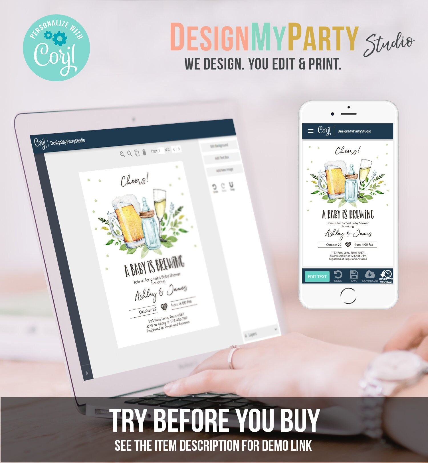 Editable A Baby is Brewing Invitation Bottle and Beers Baby Shower Cheers Coed Couples Shower Download Printable Template Digital Evite 0190