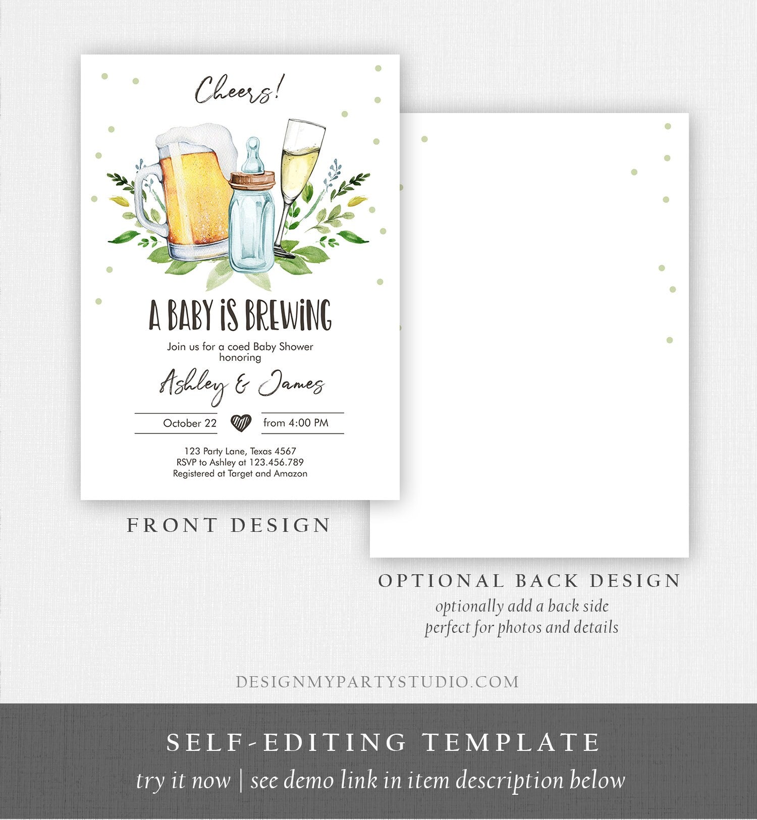 Editable A Baby is Brewing Invitation Bottle and Beers Baby Shower Cheers Coed Couples Shower Download Printable Template Digital Evite 0190