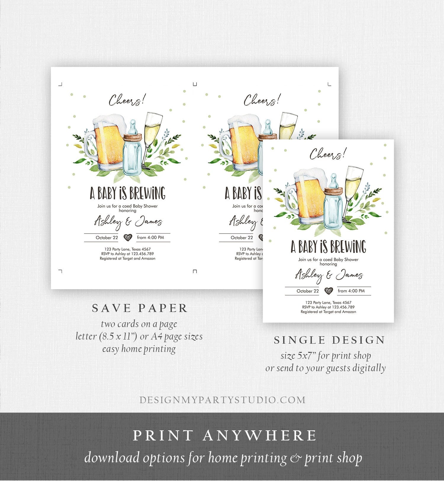 Editable A Baby is Brewing Invitation Bottle and Beers Baby Shower Cheers Coed Couples Shower Download Printable Template Digital Evite 0190