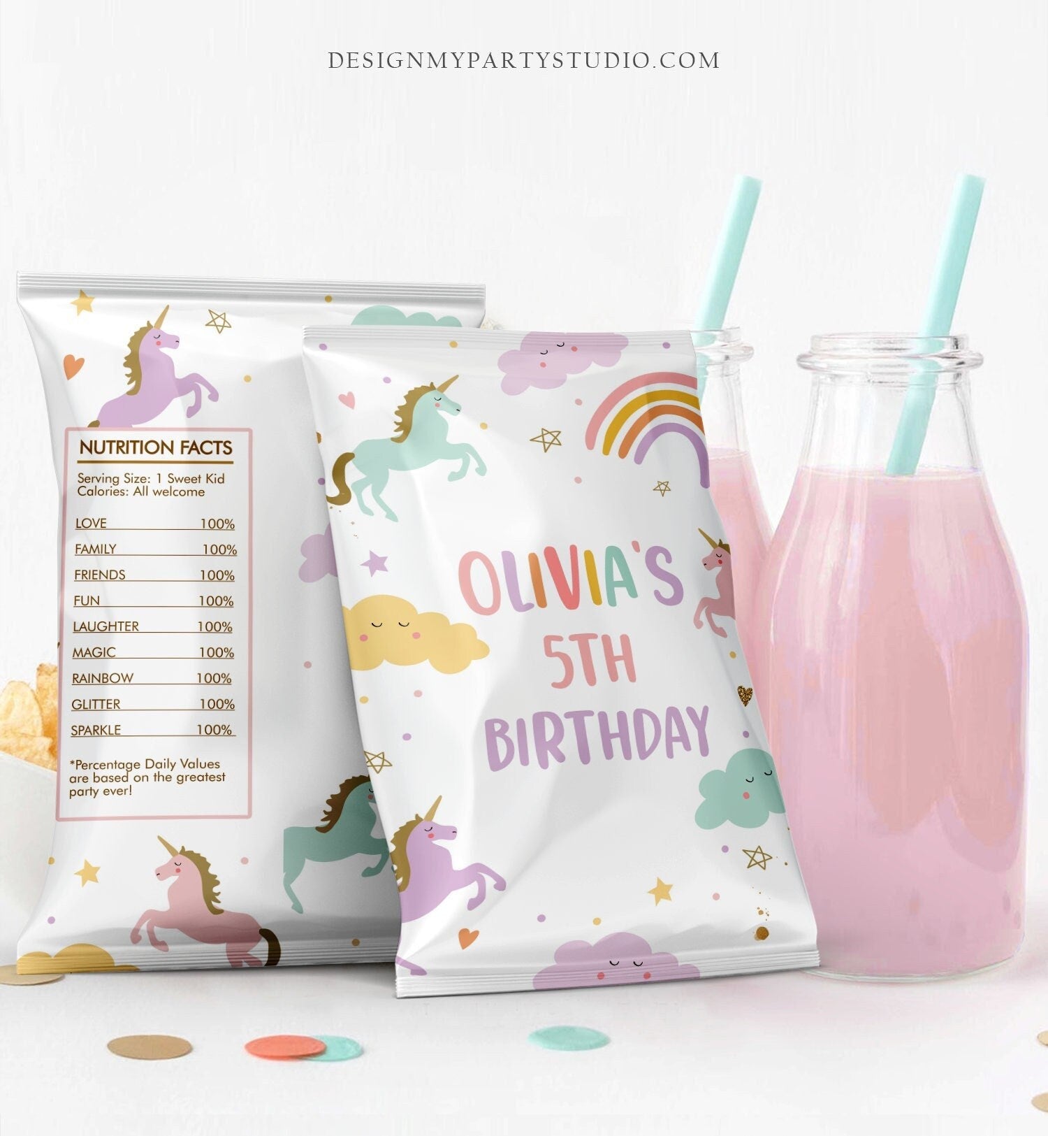 Editable Unicorn Chip Bag Magical Unicorn Birthday Party Decor Girl Rainbow Party Snack Unicorn Favors Pastel Digital Download Template 0426