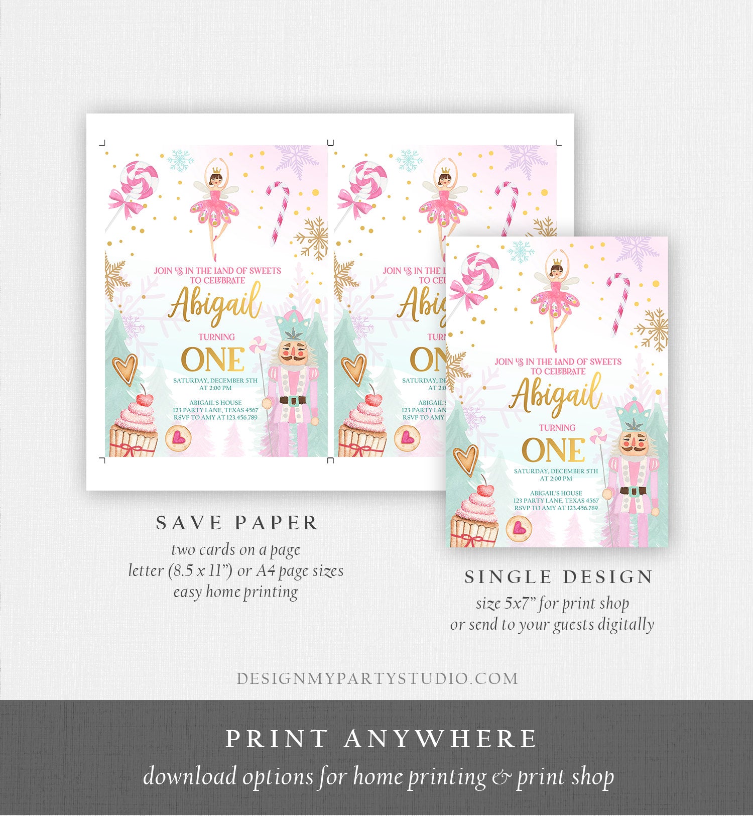 Editable Nutcracker Birthday Invitation Girl Land of Sweets Invite Winter Pink Girl Sugar Plum Fairy Download Evite Template Printable 0352