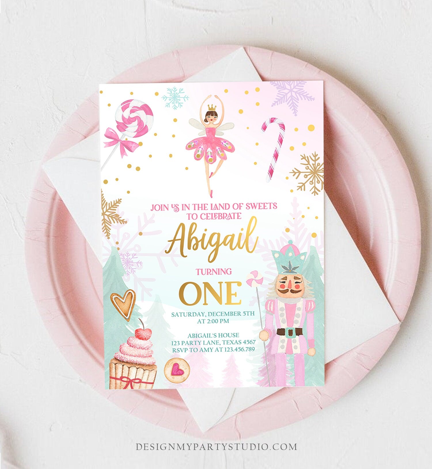 Editable Nutcracker Birthday Invitation Girl Land of Sweets Invite Winter Pink Girl Sugar Plum Fairy Download Evite Template Printable 0352