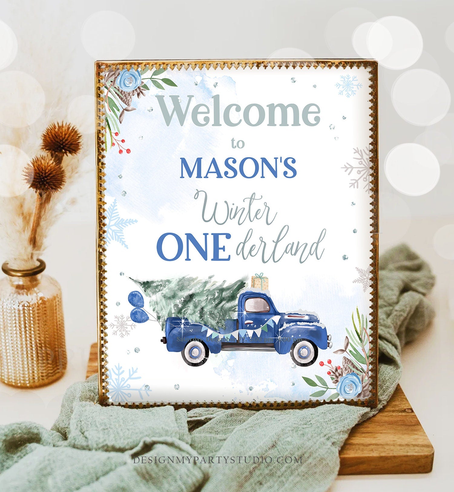 Editable Winter Onederland Welcome Sign Tree Blue Boy Silver First Birthday Snowflake Wonderland Truck Tree Corjl Template Printable 0356