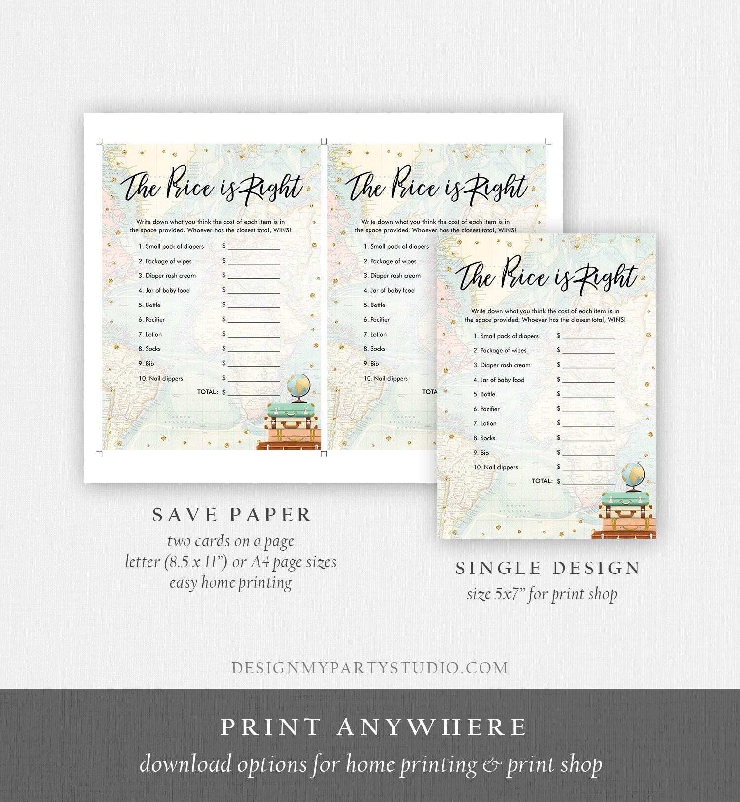 Editable The Price is Right Game Travel Baby Shower Adventure Shower Game Baby Coed Suitcases Map Download Corjl Template Printable 0263