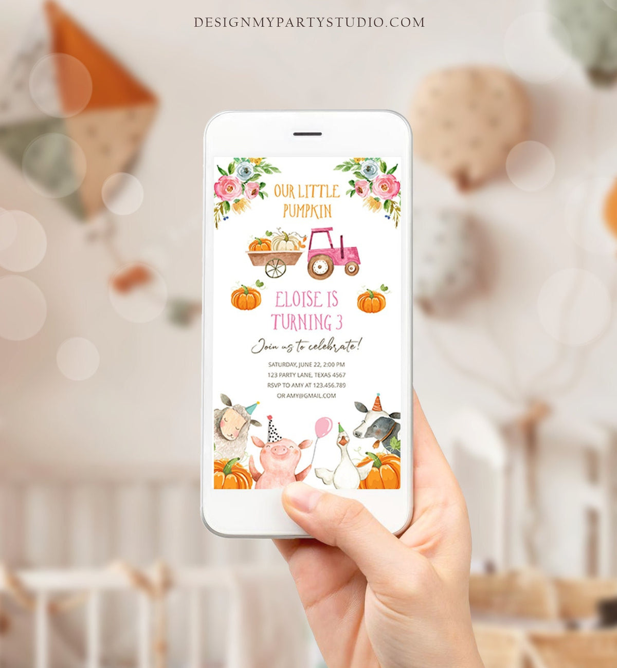 Editable Farm Birthday Evite Girl Farm Animals Pumpkin Girl Fall Barnyard Party Invitation Download Phone Template Digital Corjl 0155