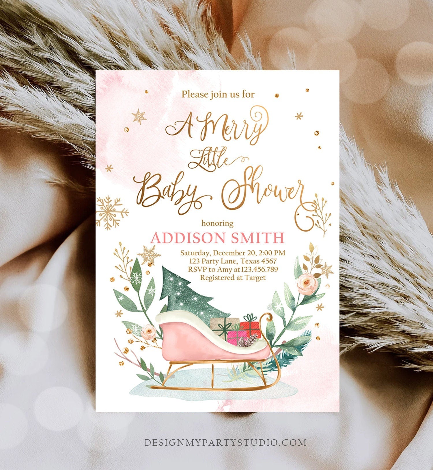 Editable Winter Baby Shower Invitation Pink Girl Christmas Merry Little Baby Shower Sleigh Watercolor Template Instant Download Corjl 0353