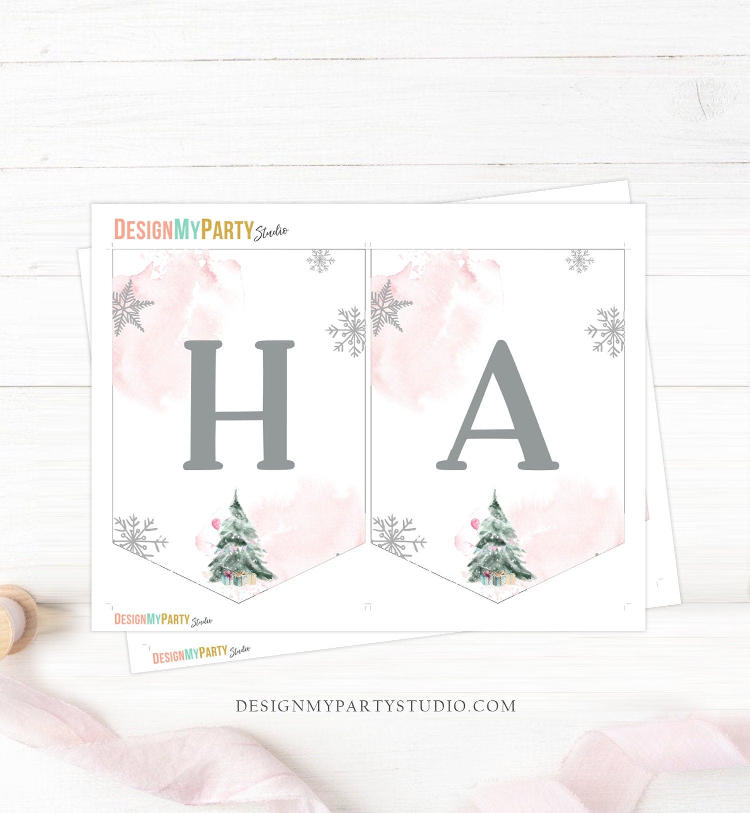 Happy Birthday Banner Winter Birthday Girl Winter Onederland Decorations Christmas Tree Watercolor Pink Download PRINTABLE DIGITAL DIY 0363