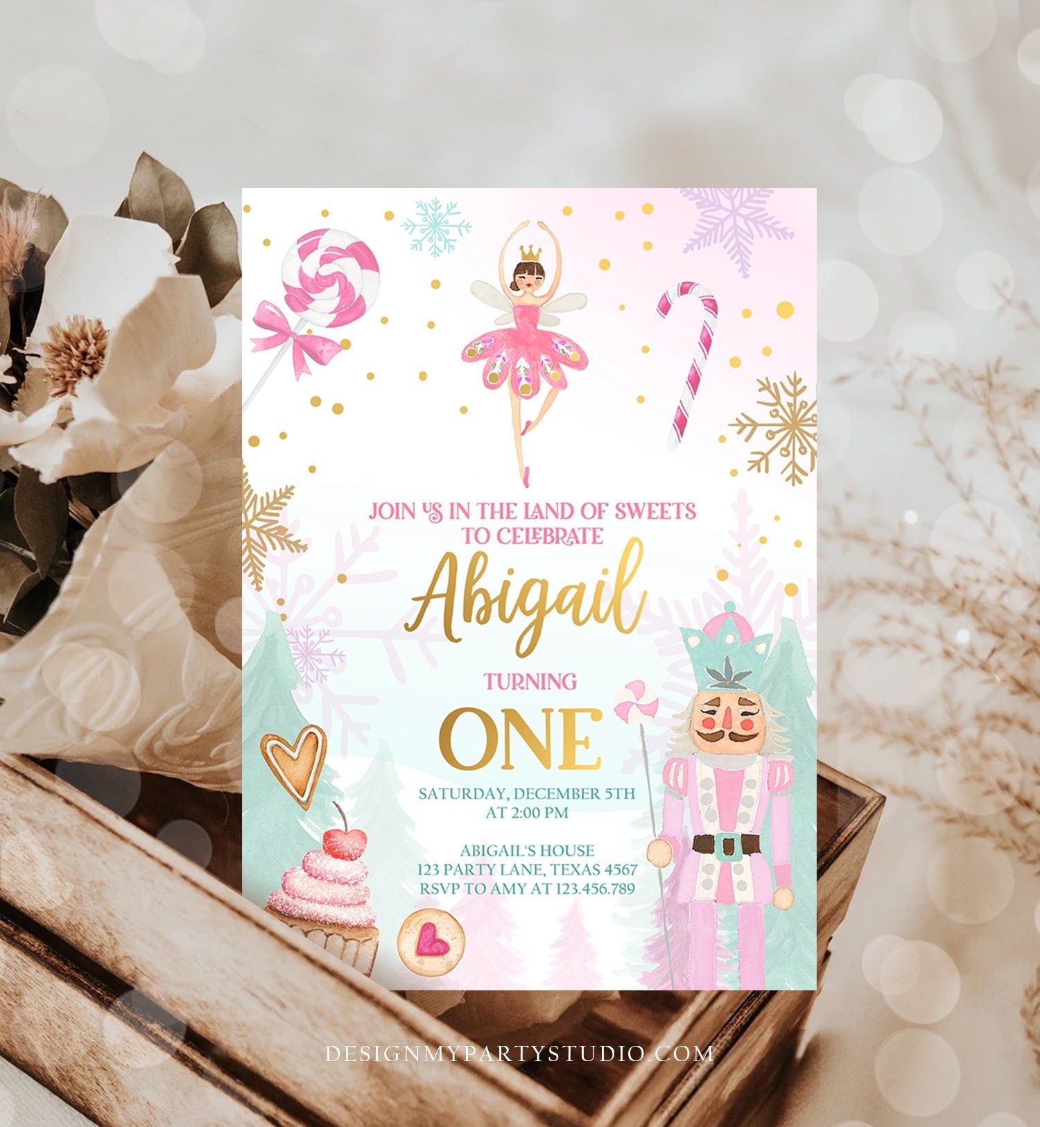 Editable Nutcracker Birthday Invitation Girl Land of Sweets Invite Winter Pink Girl Sugar Plum Fairy Download Evite Template Printable 0352