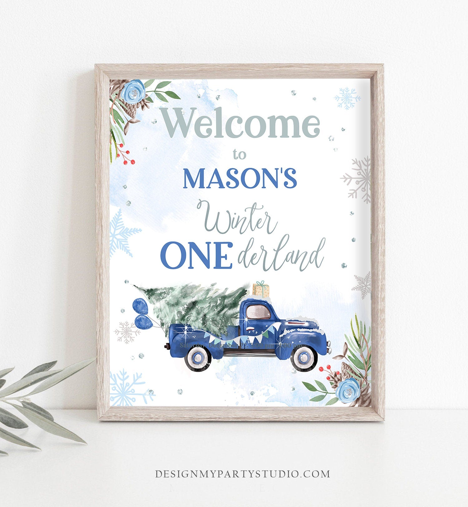 Editable Winter Onederland Welcome Sign Tree Blue Boy Silver First Birthday Snowflake Wonderland Truck Tree Corjl Template Printable 0356