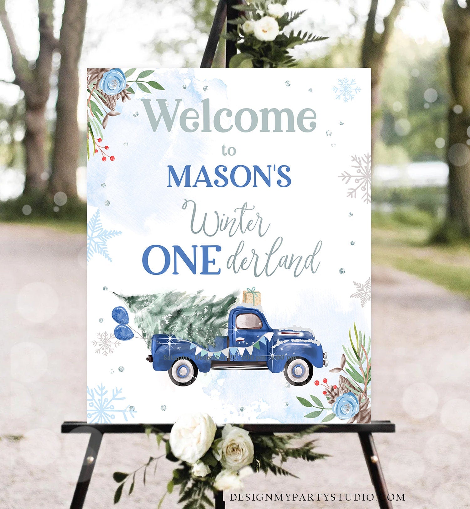 Editable Winter Onederland Welcome Sign Tree Blue Boy Silver First Birthday Snowflake Wonderland Truck Tree Corjl Template Printable 0356