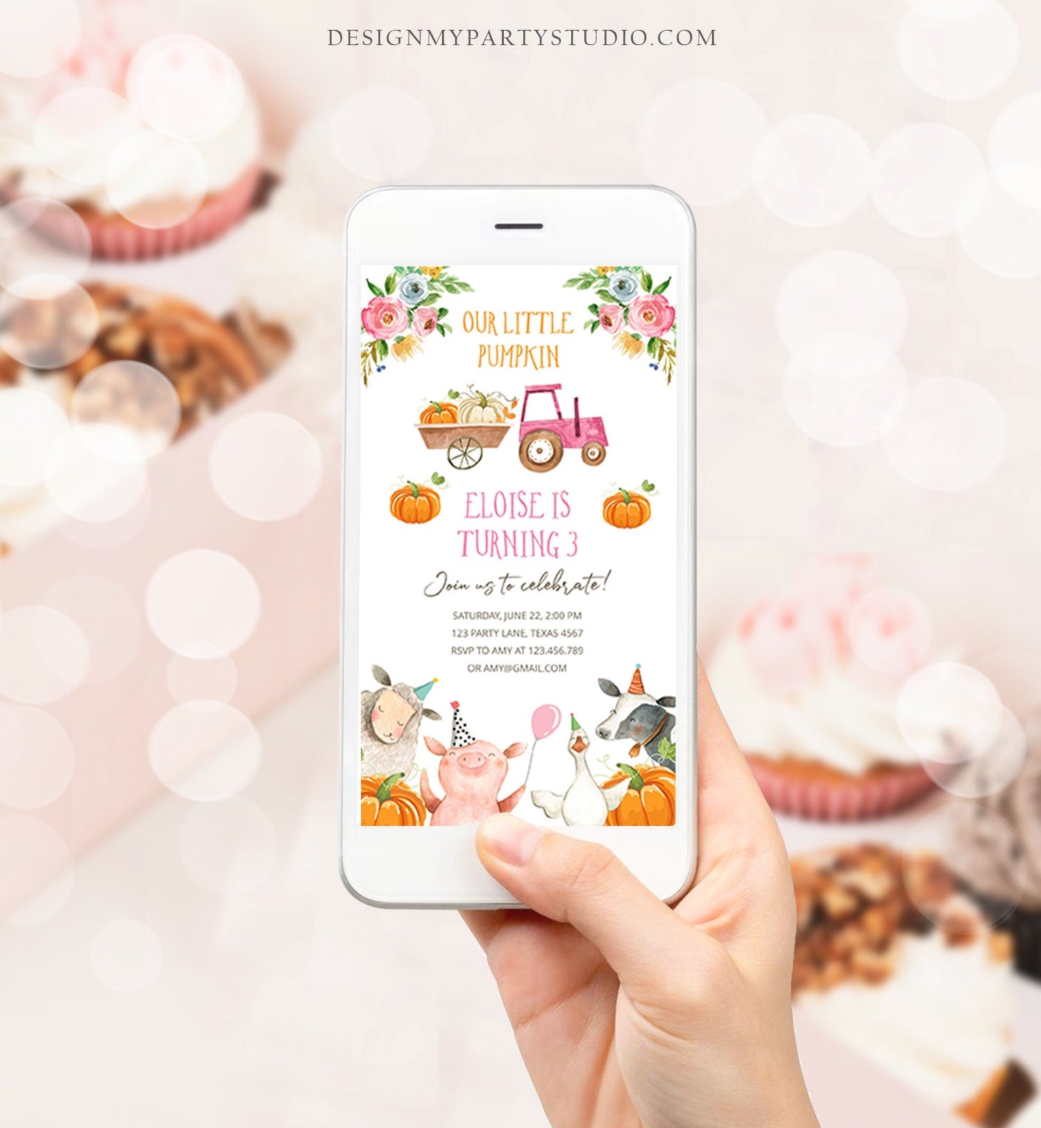 Editable Farm Birthday Evite Girl Farm Animals Pumpkin Girl Fall Barnyard Party Invitation Download Phone Template Digital Corjl 0155