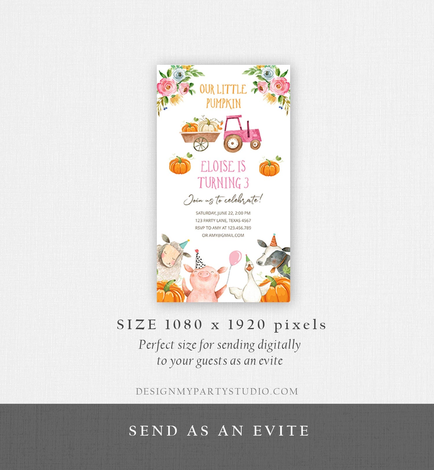 Editable Farm Birthday Evite Girl Farm Animals Pumpkin Girl Fall Barnyard Party Invitation Download Phone Template Digital Corjl 0155