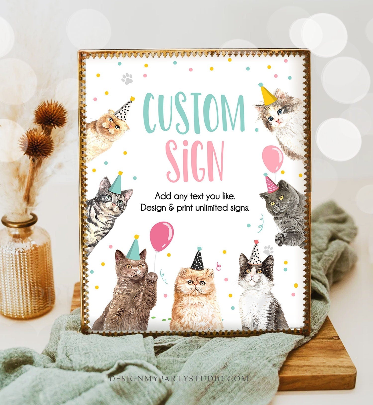 Editable Custom Sign Cat Birthday Kitten Birthday Party Sign Girl Pawty Decor Vet Adopt Table Sign Decoration 8x10 Download Printable 0384