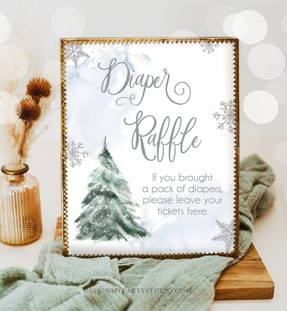 Diaper Raffle Sign Winter Tree Watercolor Snowflake Baby Shower Sign Decor Diaper Table Blue Boy Cold Outside Shower Download Printable 0363