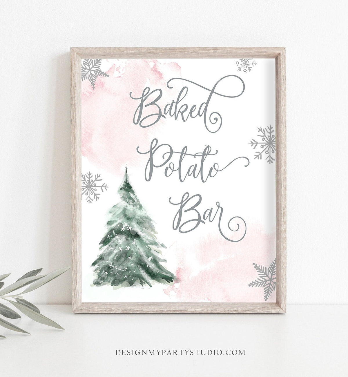 Baked Potato Bar Sign Winter Tree Watercolor Snow Birthday Baby Shower Signs Food Sign Snacks Station Pink Girl Download Printable 0363