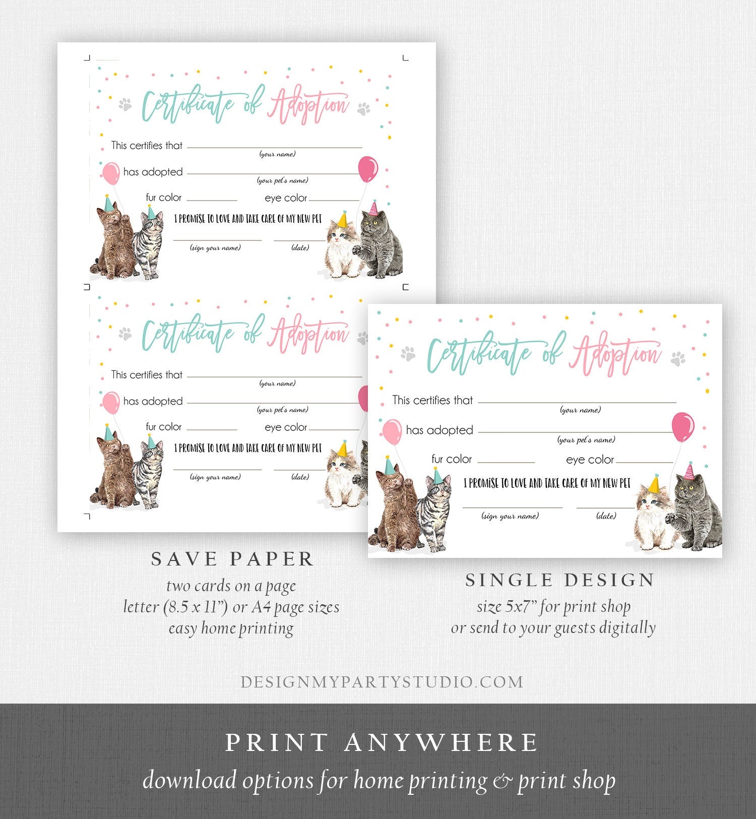 Pet Adoption Certificate Cat Adoption Cat Birthday Party Adopt A Cat Girl Pink Vet Kitten Adoption Instant Download Digital PRINTABLE 0384