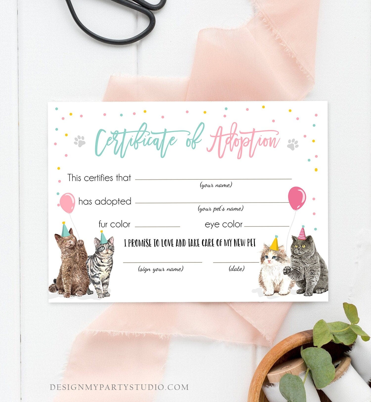 Pet Adoption Certificate Cat Adoption Cat Birthday Party Adopt A Cat Girl Pink Vet Kitten Adoption Instant Download Digital PRINTABLE 0384