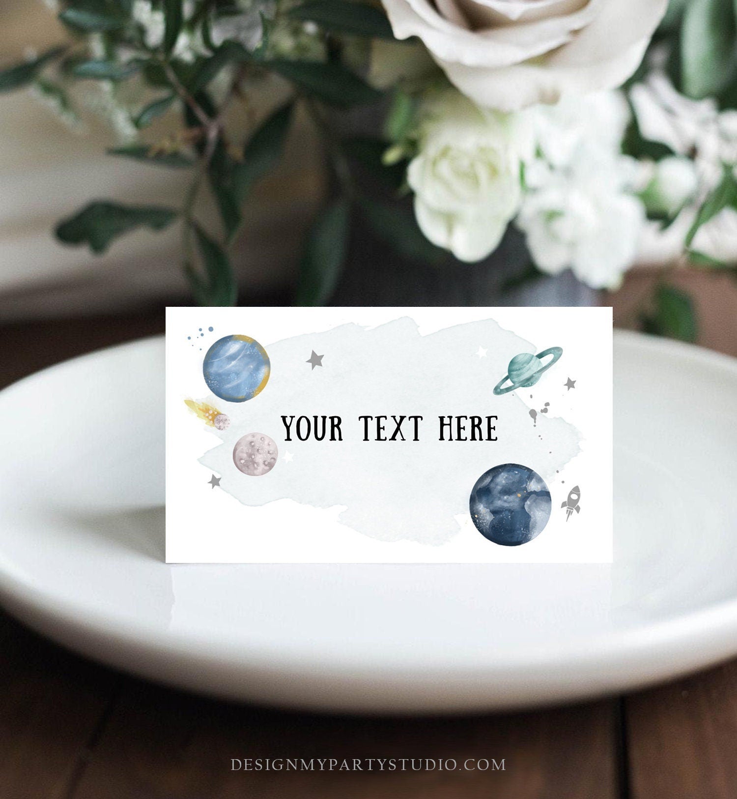 Editable Food Labels Outer Space Birthday Galaxy Food Labels Place Card Tent Card Astronaut Around the Sun Silver Boy Template Corjl 0357