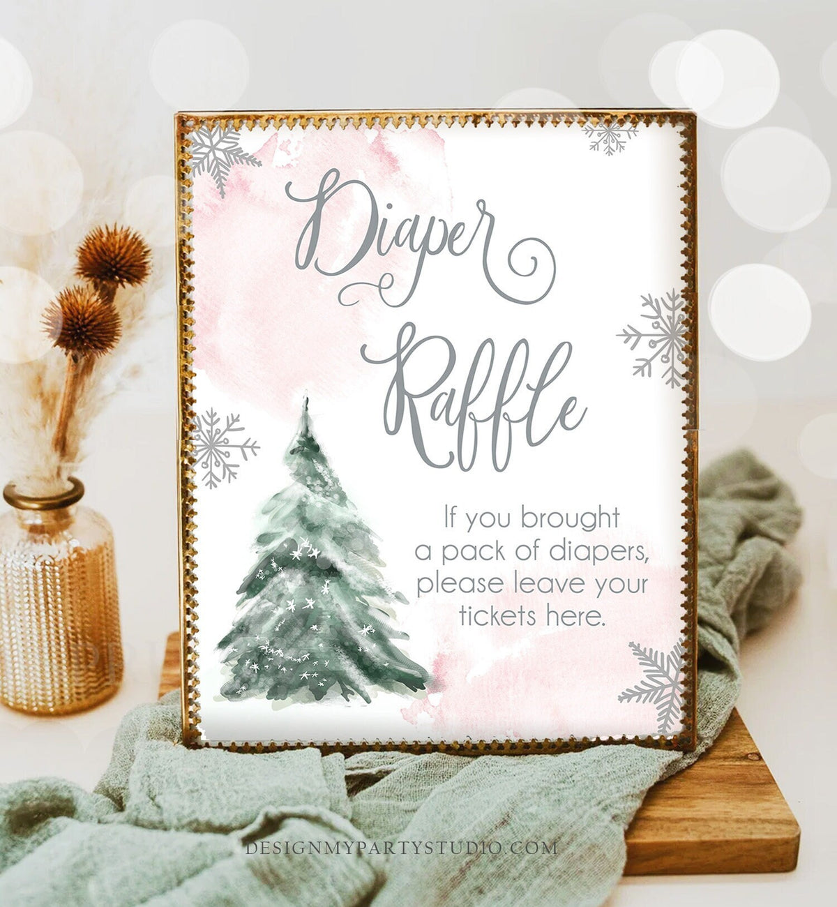 Diaper Raffle Sign Winter Tree Watercolor Snowflake Baby Shower Sign Decor Diaper Table Girl Cold Outside Shower Download Printable 0363