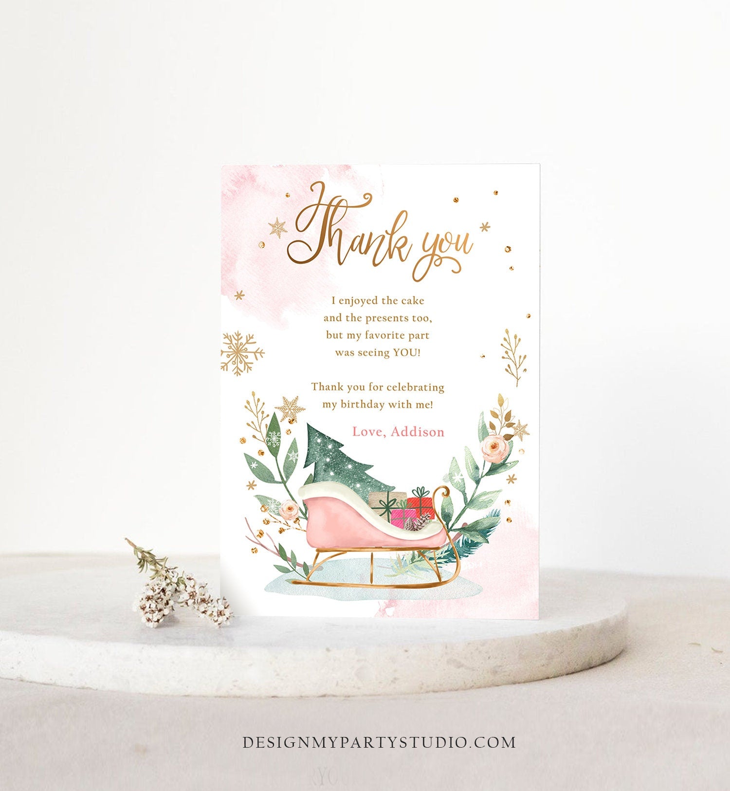 Editable Sleigh Winter Tree Thank You Card Birthday Watercolor Baby Its Cold Outside Baby Shower Pink Girl Snow Template Download Corjl 0353